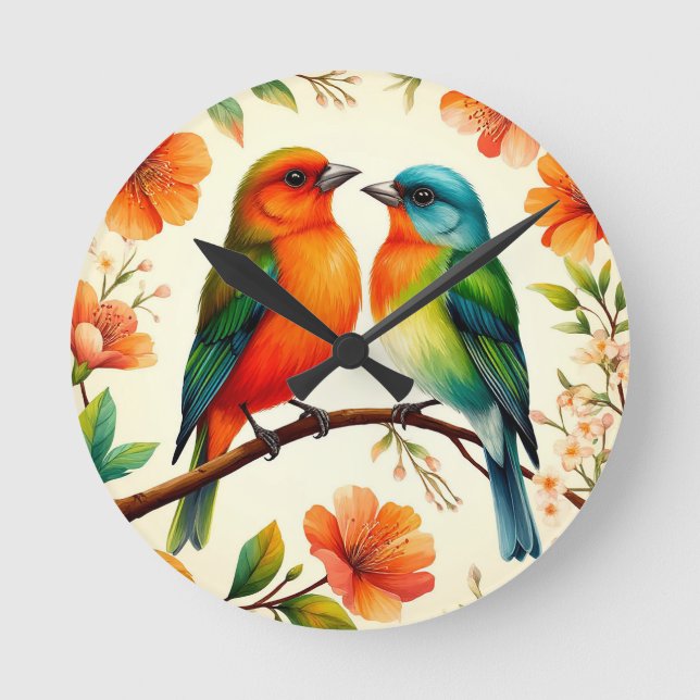Colourful Pair of Birds Sitting Amid Vibrant Bloss Round Clock (Front)