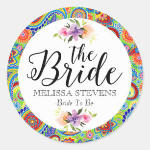 Colourful Paisley & Bride Black Typography Classic Round Sticker