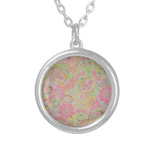 Colourful Paisley Floral botanical Flowers   Silver Plated Necklace