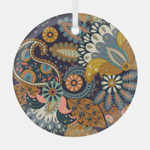 Colourful Paisley: Floral Indian Wallpaper. Glass Ornament