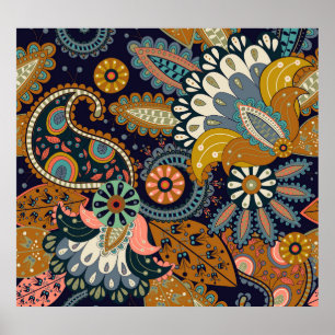 Colourful Paisley: Floral Indian Wallpaper. Poster