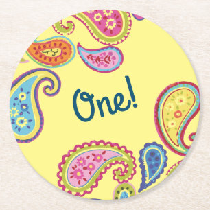 Colourful Paisley Kids Birthday Party Round Paper Coaster