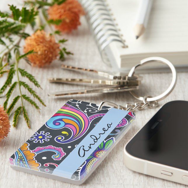 Colourful Paisley, Paisley Pattern, Your Name Keychain (Front Right)