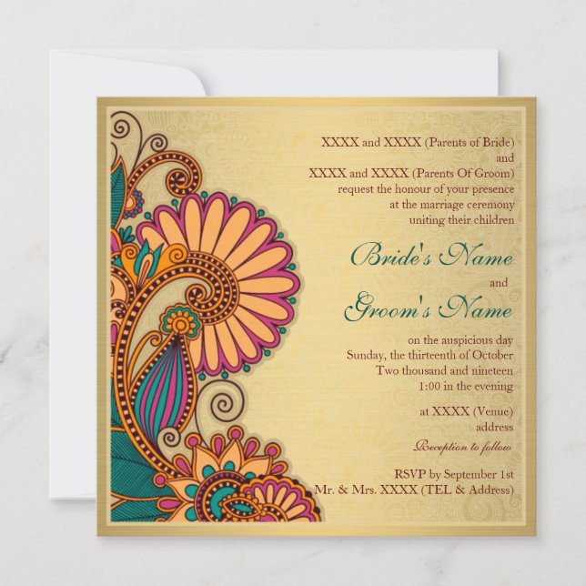 Colourful Paisley Pattern on Gold Indian Wedding Invitation (Front)