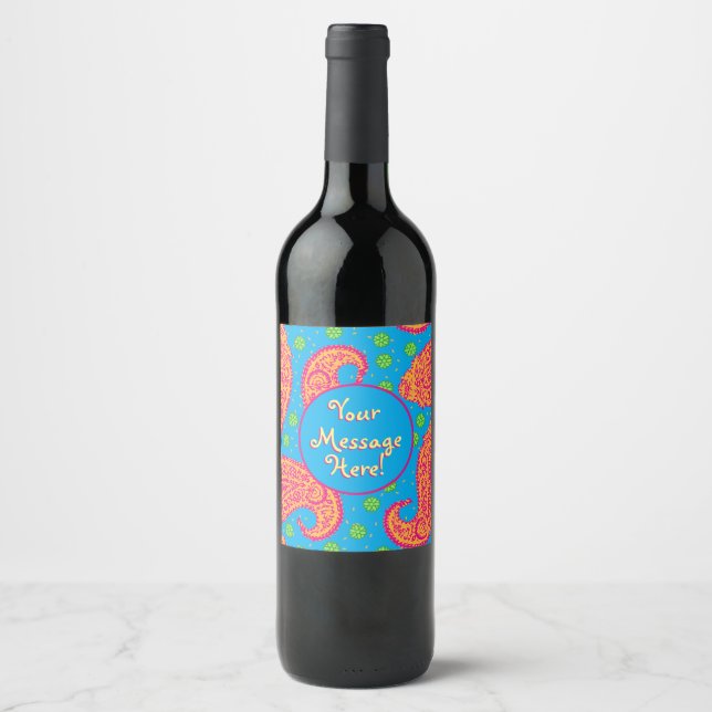 Colourful Paisley Pattern Wine Label (Front)