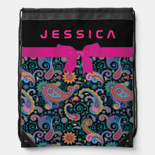 Colourful paisley Pink Ribbon Girly Design Drawstring Bag