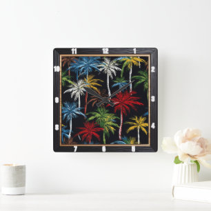 Colourful Palm Trees Black  Square Wall Clock
