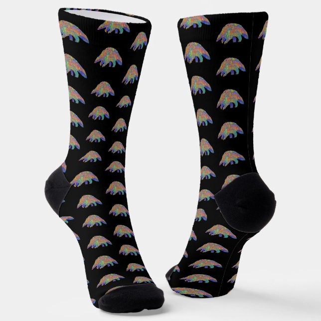 Colourful Pangolin Animal Art Black Socks (Angled)