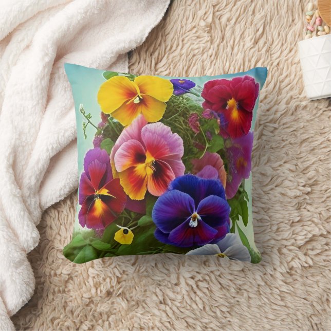 Colourful Pansies -AI ART Throw Pillow (Blanket)
