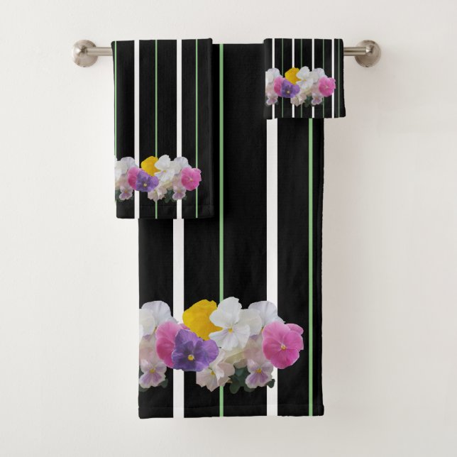 Colourful Pansies And Bold Stripes Bath Towel Set (Insitu)
