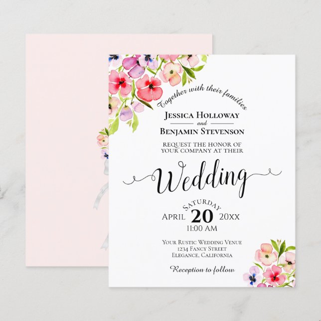 Colourful Pansies Elegant BUDGET Wedding Invitatio (Front/Back)