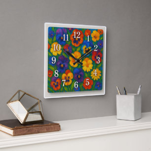 Colourful Pansies Garden Square Wall Clock
