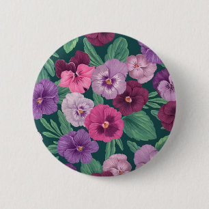 Colourful pansies on dark greenish blue 2 inch round button