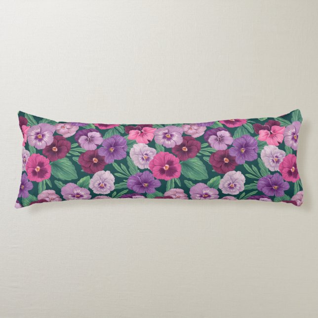 Colourful pansies on dark greenish blue body pillow (Front)