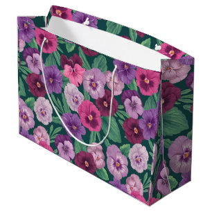 Colourful pansies on dark greenish blue large gift bag
