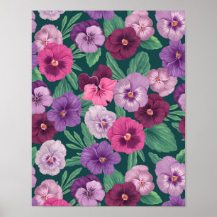 Colourful pansies on dark greenish blue poster