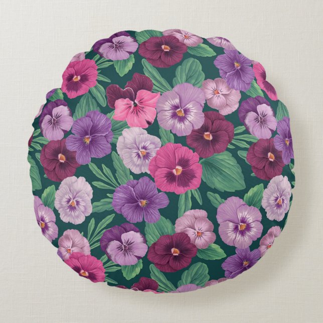 Colourful pansies on dark greenish blue round pillow (Front)