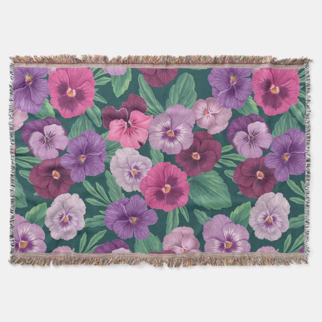 Colourful pansies on dark greenish blue throw blanket (Front)