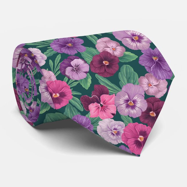 Colourful pansies on dark greenish blue tie (Rolled)