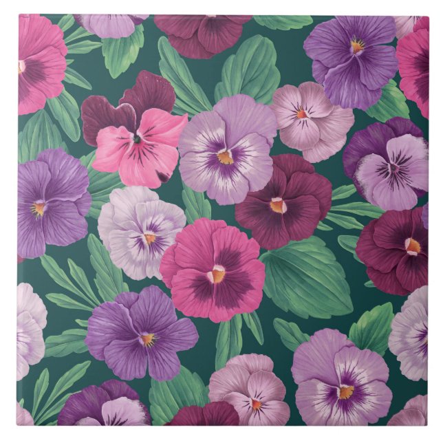 Colourful pansies on dark greenish blue tile (Front)