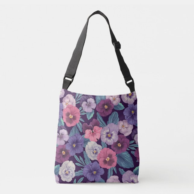 Colourful pansies on deep violet crossbody bag (Front)