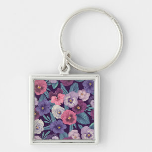 Colourful pansies on deep violet keychain