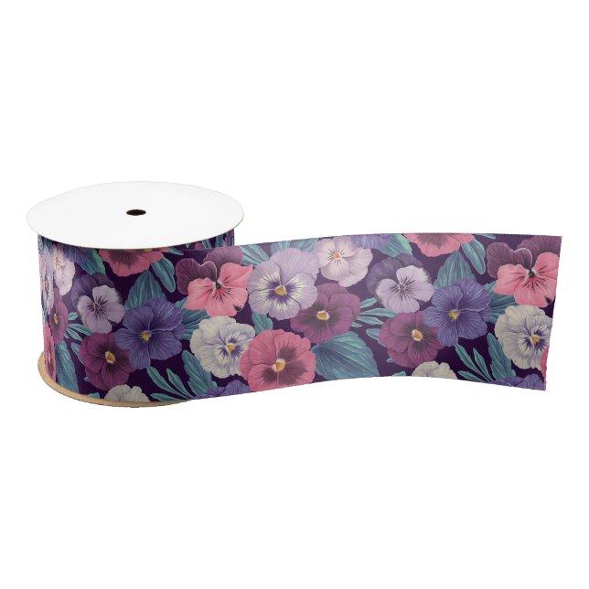 Colourful pansies on deep violet satin ribbon (Spool)