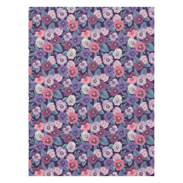 Colourful pansies on deep violet tablecloth (Front)