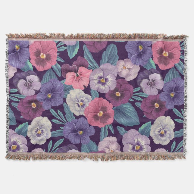 Colourful pansies on deep violet throw blanket (Front)