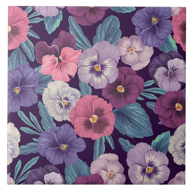 Colourful pansies on deep violet tile (Front)
