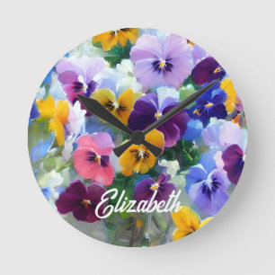 Colourful Pansies Round Clock