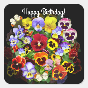 Colourful Pansies with Butterflies Birthday  Squar Square Sticker