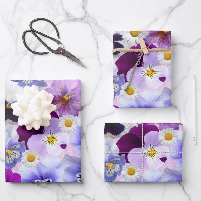 Colourful Pansy and Daisy Flowers Wrapping Paper Sheet (Front)