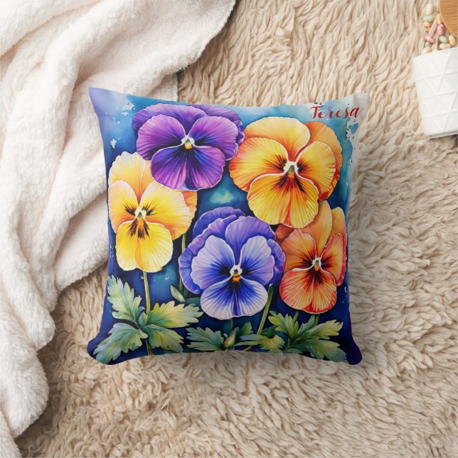 Colourful Pansy February Birth Flower Personalized Throw Pillow (Blanket)