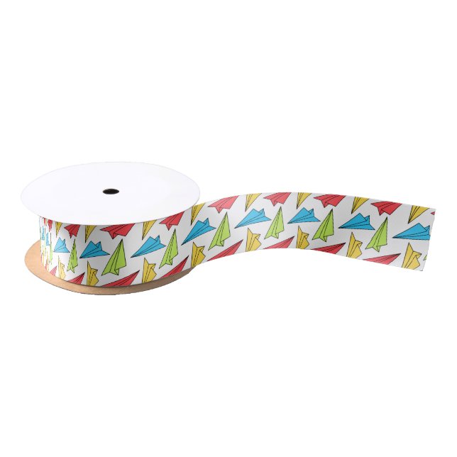 Colourful Paper Airplanes Pattern Satin Ribbon (Spool)