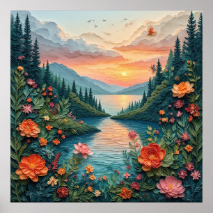 Colourful Paper Art Scene of a Sunset Poster
