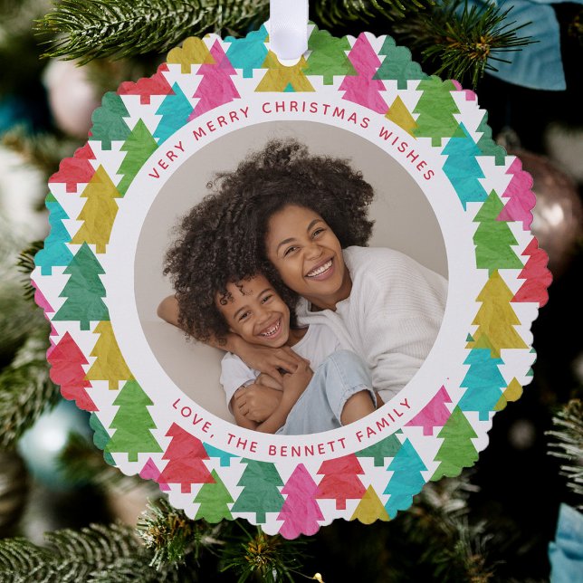 Colourful Paper Christmas Trees 2 Photo  Ornament Card (Creator Uploaded)