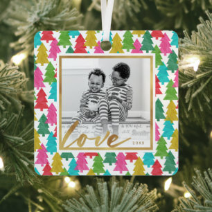 Colourful Paper Christmas Trees Kids Photo Metal Ornament