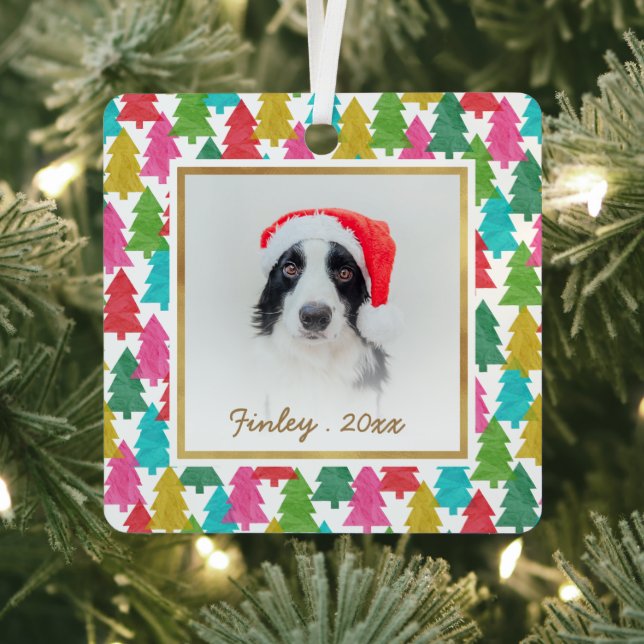 Colourful Paper Christmas Trees Pet Photo Metal Ornament (Insitu)