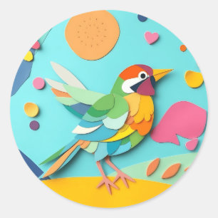 Colourful Paper Collage Bird Classic Round Sticker