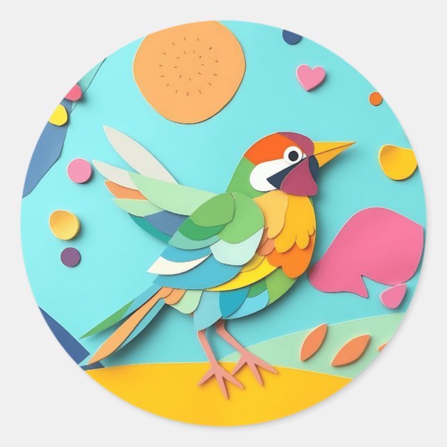 Colourful Paper Collage Bird Classic Round Sticker (Front)