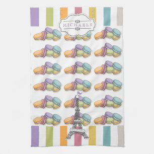 Colourful Paris Macaron Eiffel Tower Monogram Kitchen Towel