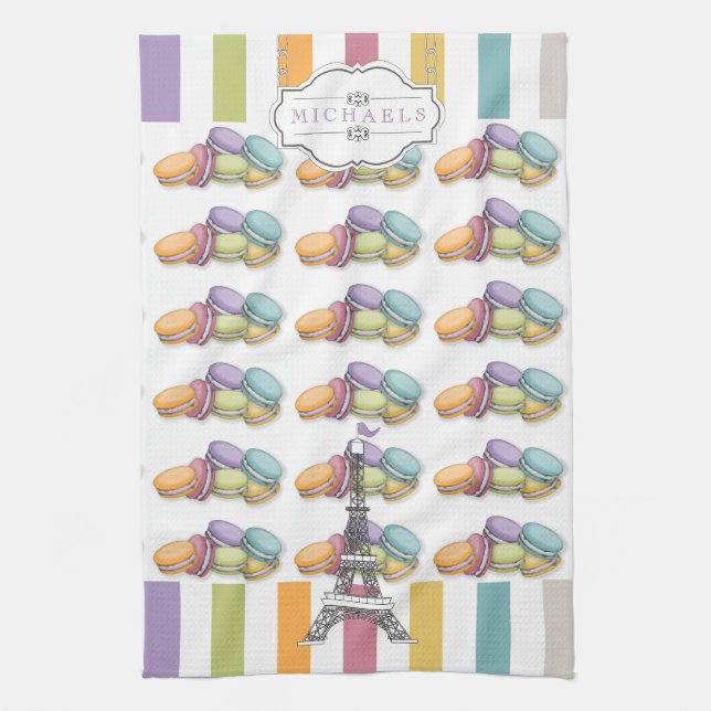 Colourful Paris Macaron Eiffel Tower Monogram Kitchen Towel (Vertical)
