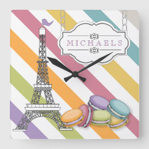 Colourful Paris Macaron Eiffel Tower Monogram Square Wall Clock