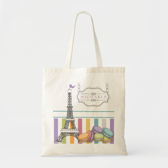 Colourful Paris Macaron Eiffel Tower Monogram Tote Bag (Front)