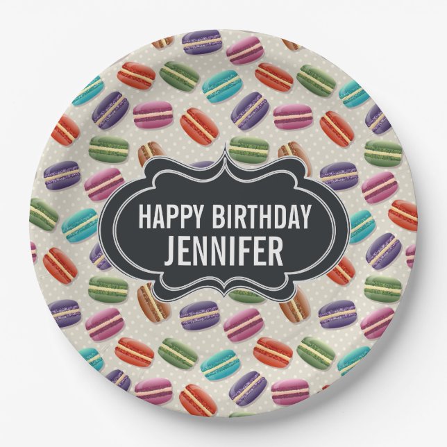 Colourful Parisian Macarons Pattern Birthday Paper Plate (Front)