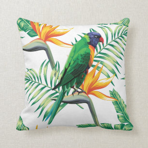Colourful Parrot And Exotic Plants Throw Pillow