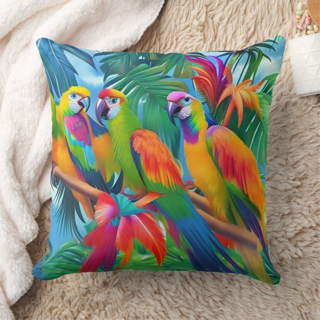 Colourful Parrot Birds Tropical Floral palms trees Throw Pillow (Blanket)