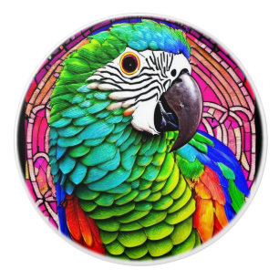 Colourful parrot illustration in front of pink bac ceramic knob