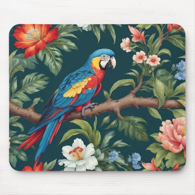 Colourful Parrot Tropical Jungle Leaves Mouse Pad (Front)